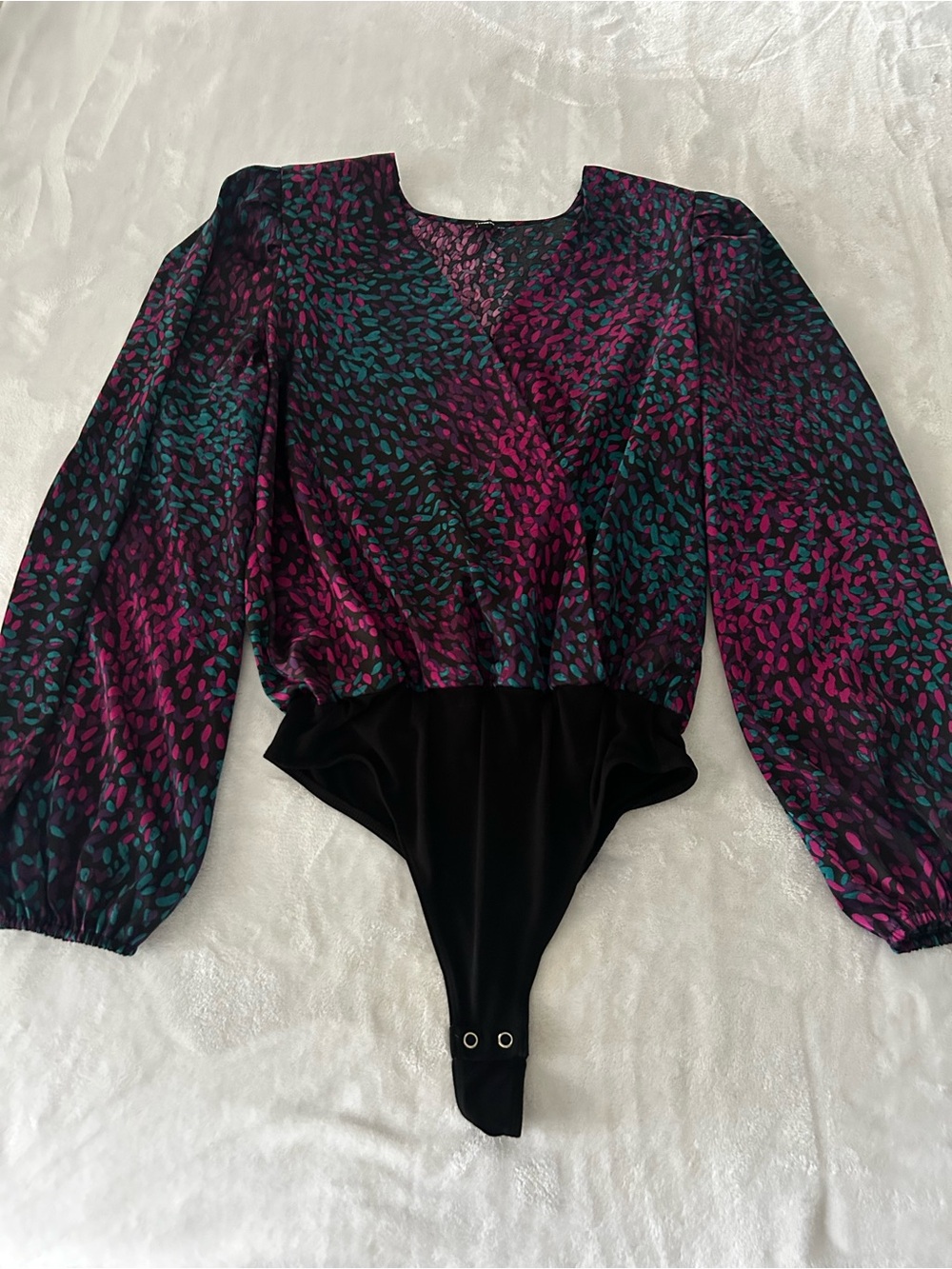 Express Satin Printed Balloon Sleeve Faux Wrap Front Bodysuit Medium